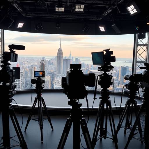 Vista panorâmica do estüdio de televisão com câmeras e iluminaäão profissional